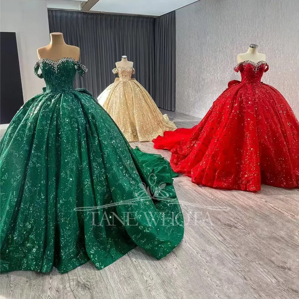 Красное настраиваемое вечернее платье с открытыми плечами, на шнуровке сзади, украшенное бисером и кристаллами, с блестками и бантом, Vestido De Noche