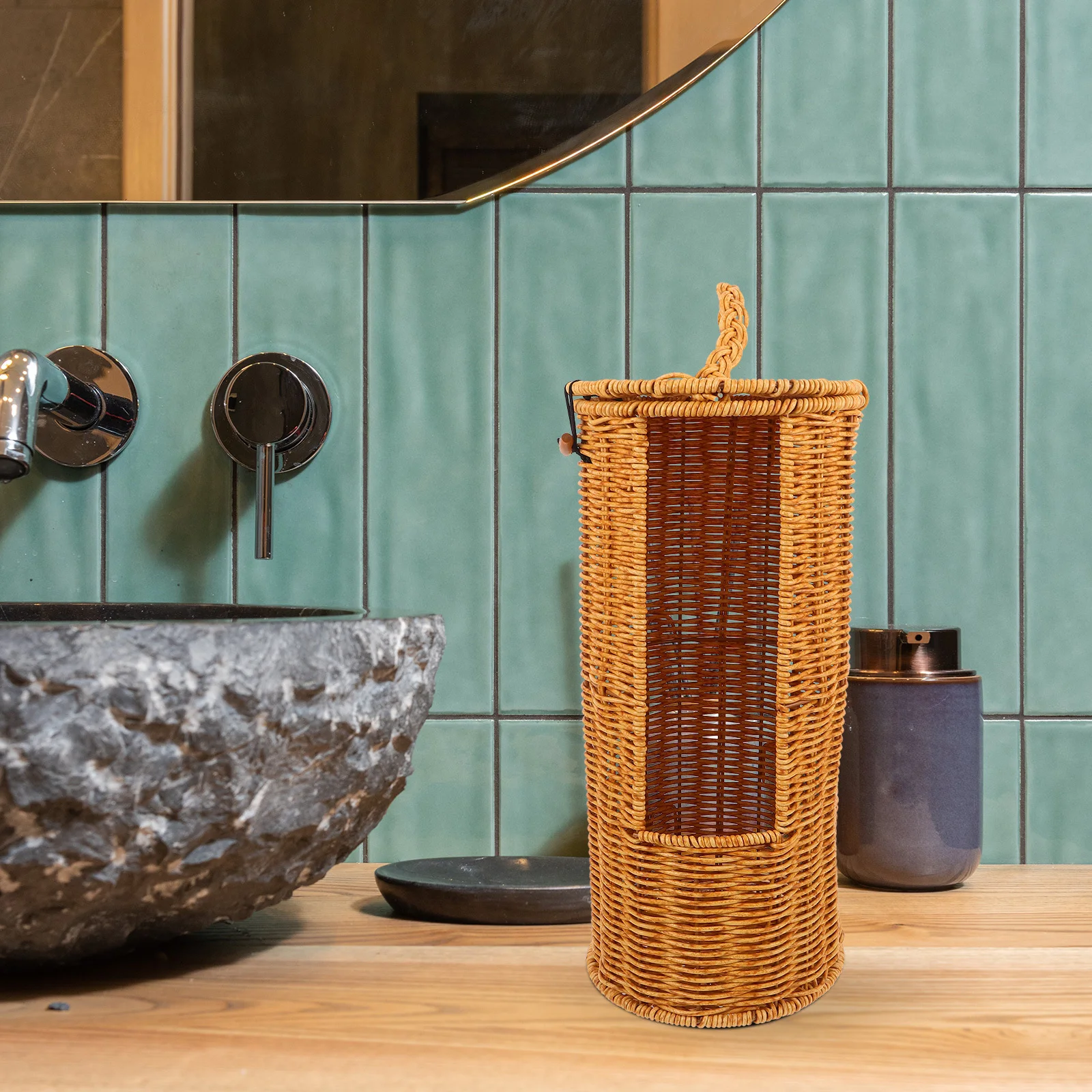 

Toilet Paper Storage Cylinder Basket Plastic Rattan Storage Box Lid Space Saving Upright Organizer Hotel Tissue Towel Holder
