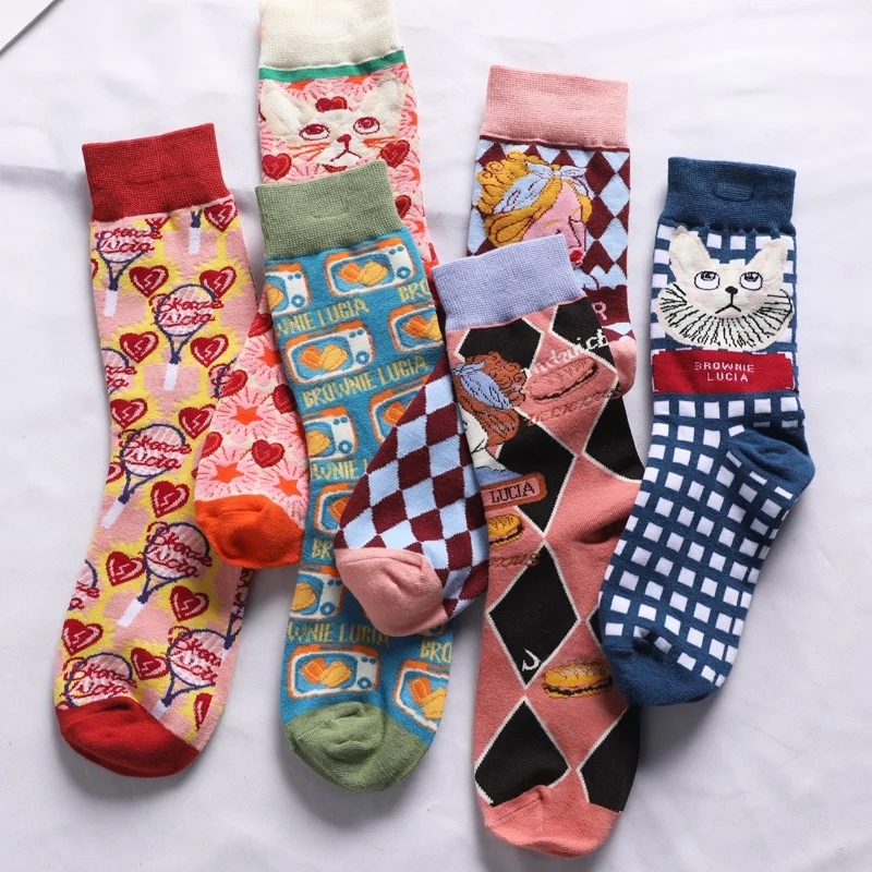 Kawaii  Lolita Long Tube Socks Japanese Cartoon Illustration Mid-Calf Socks Couples Spring Season Home Comfortable Socks