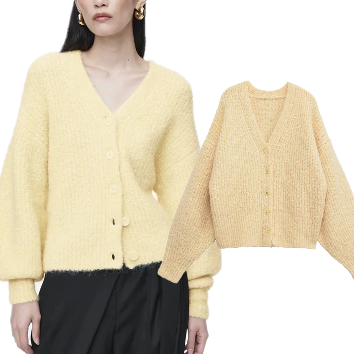 

Withered Winter V-neck Coat Women Minimalist French Lazy Light Yellow Single-breasted Knitted Cardigan Jacket Women Coat Top