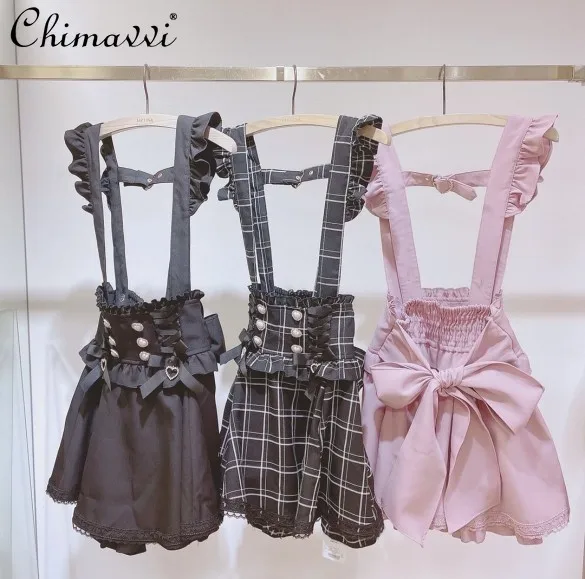 

Japanese Lolita Ribbon Bow Diamond Pearl Buckle Removable Suspender Skirt Rojita Girls Women's Sweet A-line Skirts Femme