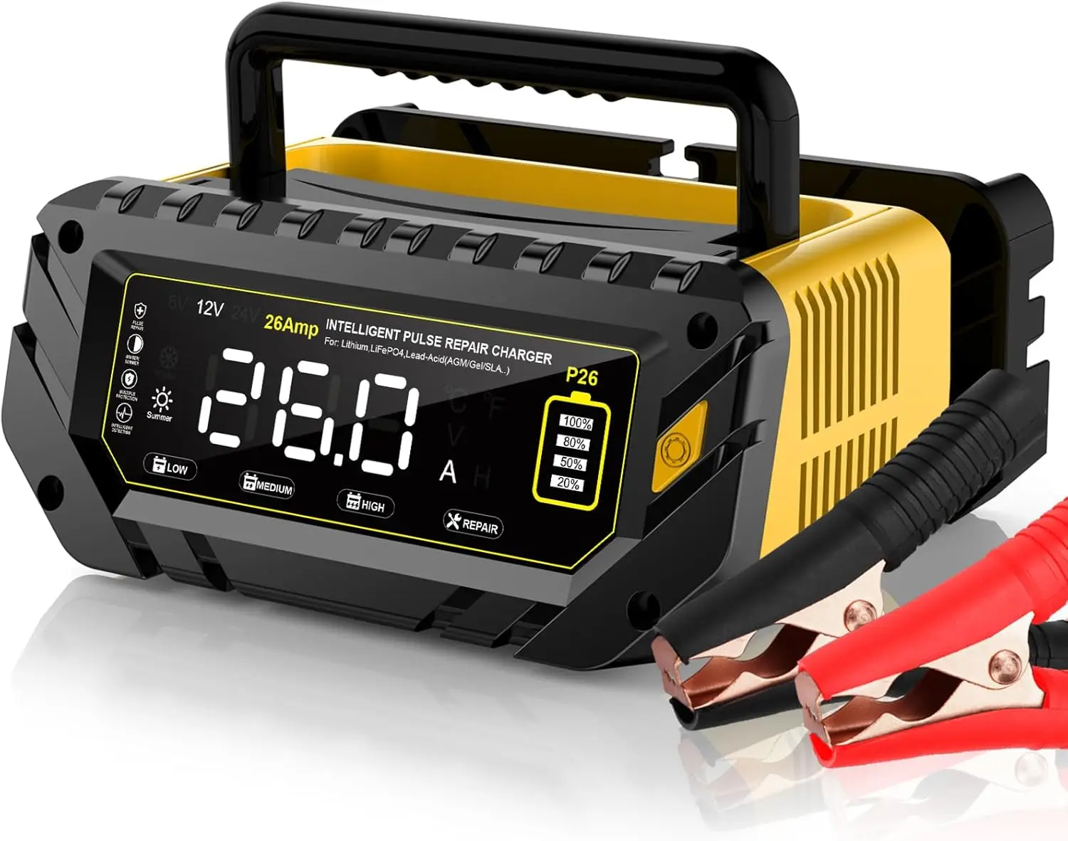 

26 AMP Smart Battery Charger for 6V/12V/24V Lead-Acid, Lithium, LiFePo4 - Large Screen Trickle Charger & Maintainer