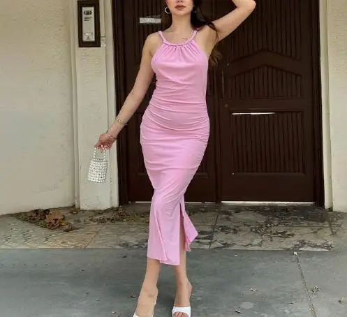 

Women Dress 2025 Summer Latest Hot Selling Style Autumn New Solid Color Sleeveless Collarless Backless Slit Suspender Dress