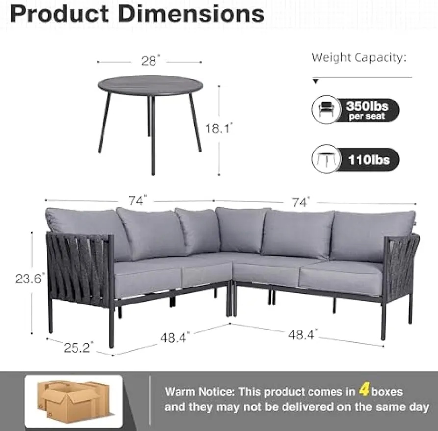 6 Stück L-förmige Sofa-Terrassen-Gesprächs sets im Freien, Terrassen möbel mit dicken Kissen und Couch tisch