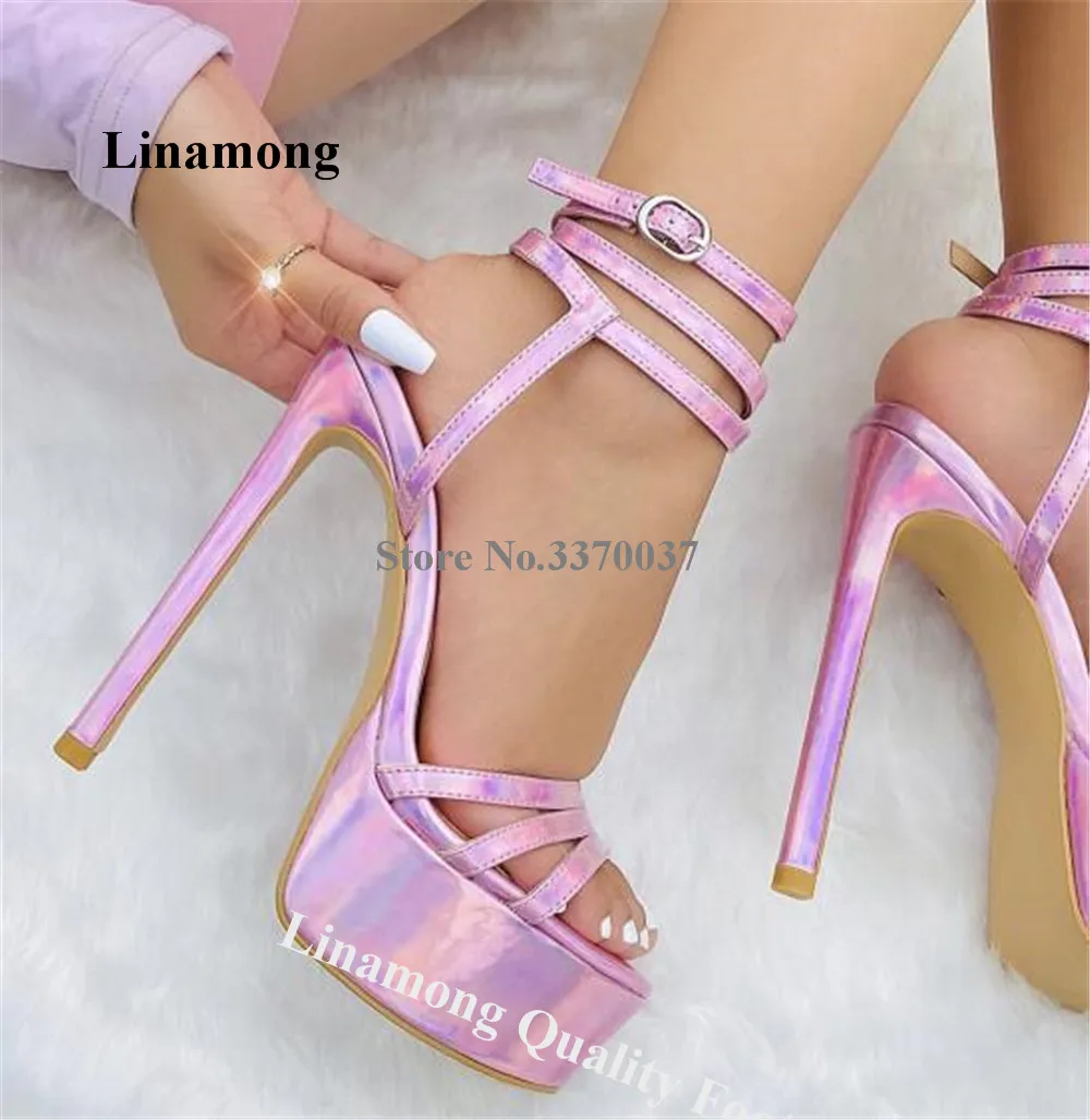 Linamong Shining Pink Gold Silver Thin Heel Sandals Patent Leather Straps Cross High Platform Dress Shoes Party Heels