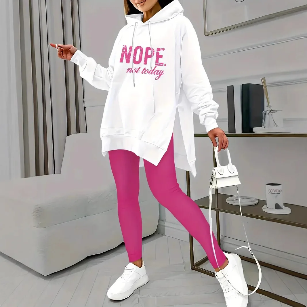 ลําลองแขนยาวHoodedชุดฤดูใบไม้ผลิฤดูใบไม้ร่วงพิมพ์กระเป๋าSlit Designสบายความยาวข้อเท้าชุดสตรี