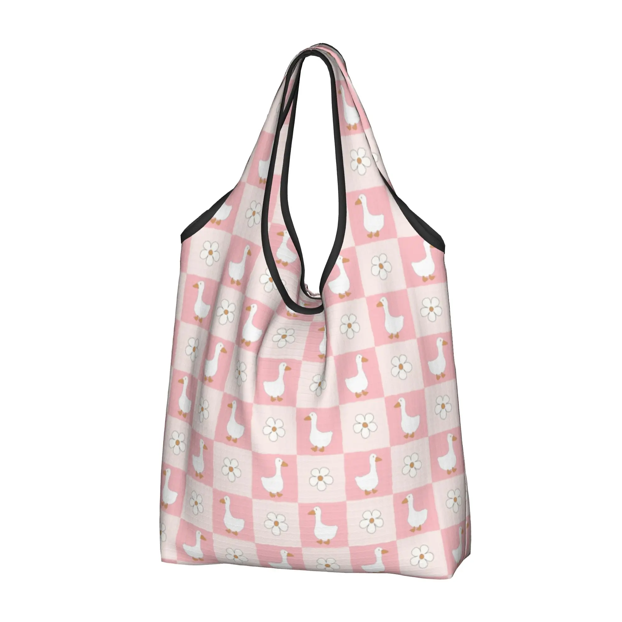 Color Checkered Plaid Cartoon Duck Groceries Shopping Bag Fashion Shopper Shoulder Tote Bag Large Capacity Portable  Handbag