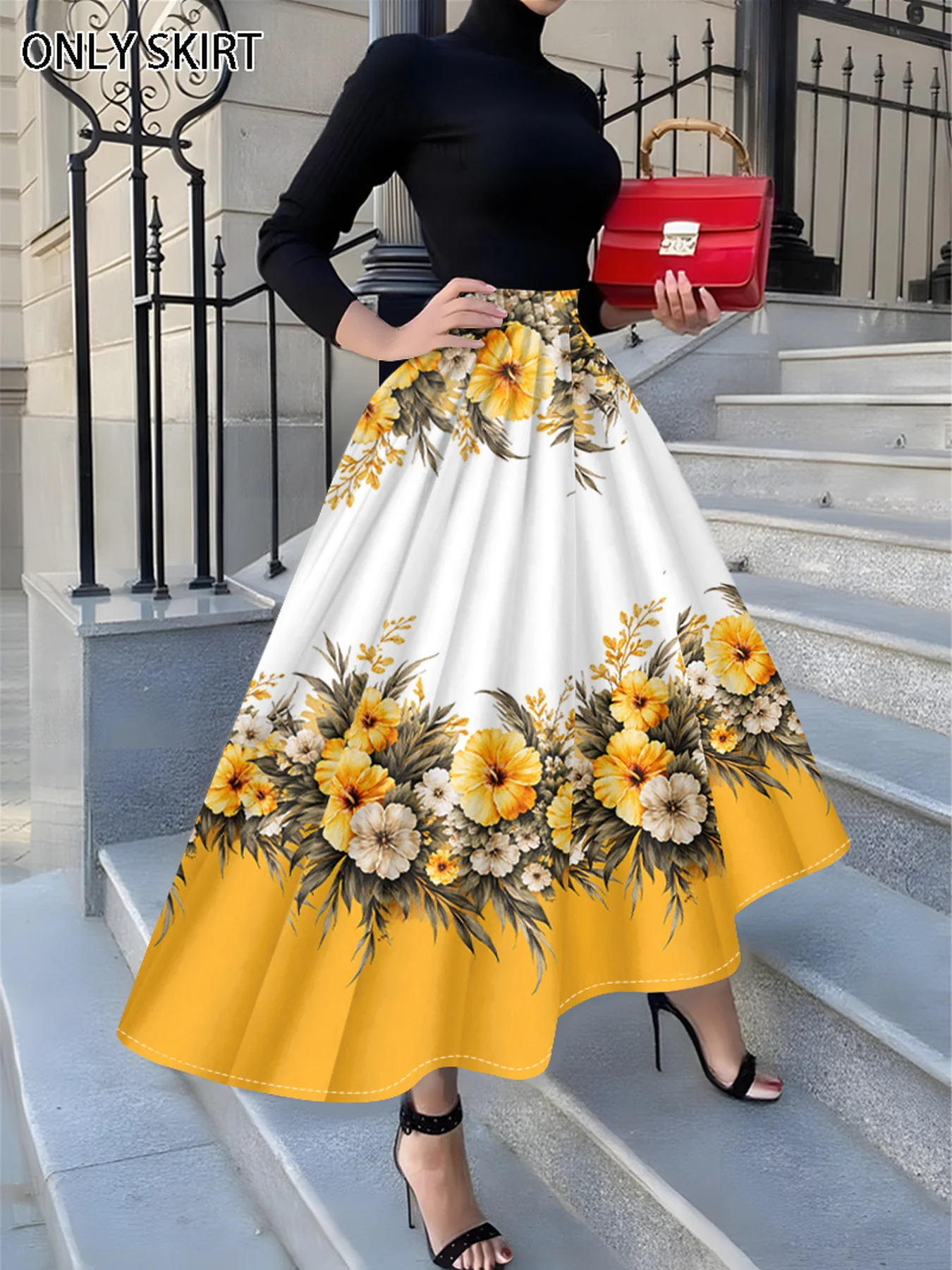 Printed Design casual style Floral Yellow White Pattern Print women's half skirt