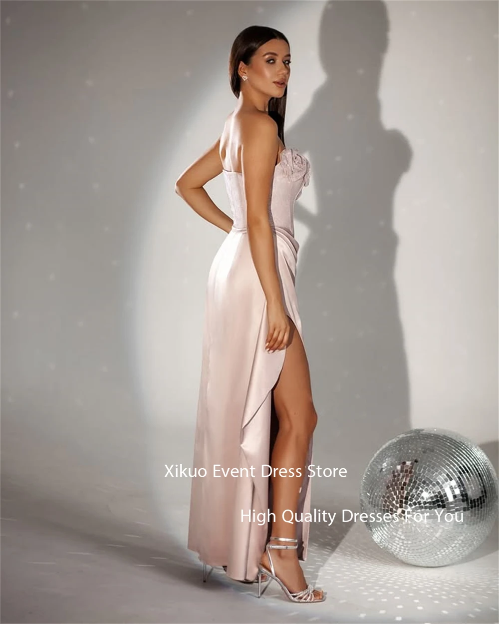 Xikuo Изящные розовые атласные вечерние платья женские без бретелек халат коктейльные Femmes 3D цветок с разрезом Русалка платье для выпускного вечера по индивидуальному заказу