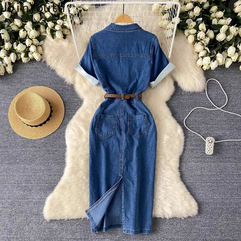 Korean Simple Denim Dress for Women 2024 Summer Robe Femme New Slim Waist Split Casual Dresses Y2k Short Sleeve Vestidos Mujer