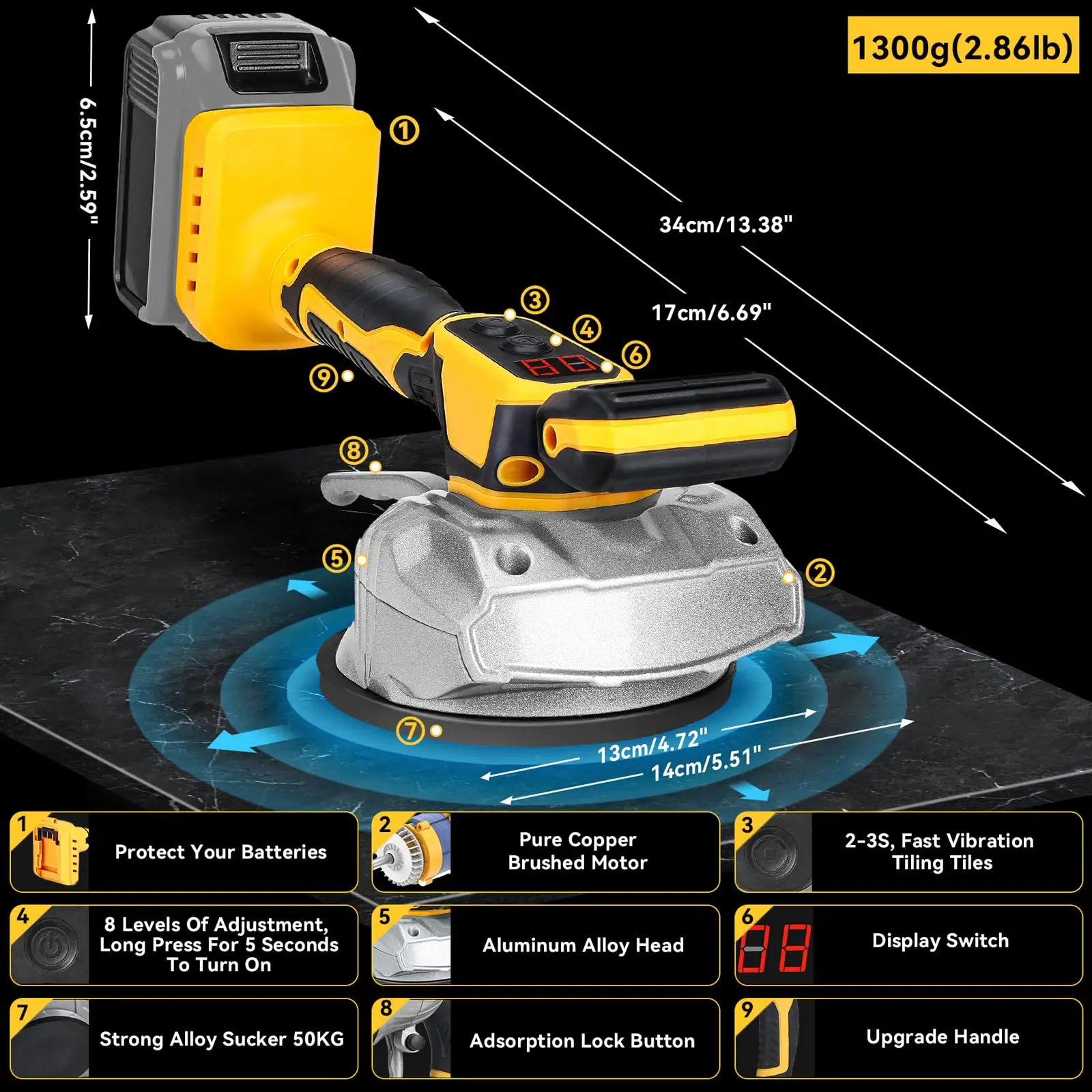 Portable Tiler Vibrator Tool Cordless Tile Vibration Leveling Machine for Dewalt 20V Battery for Suction Cup,Floor(No battery)