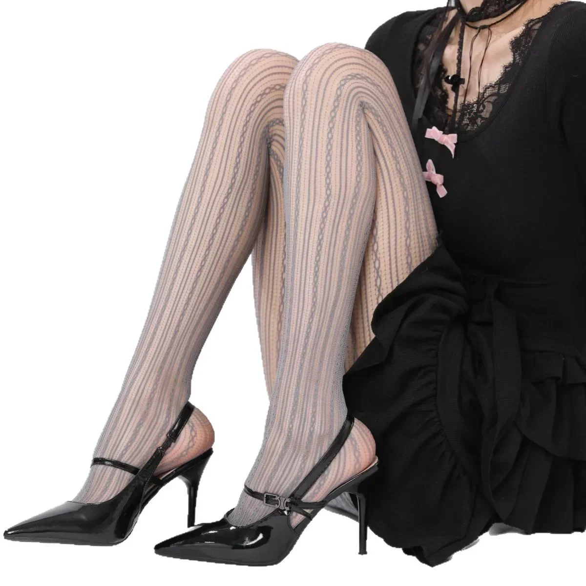 Goth Spitze Netzstrümpfe Y2k Hollow Out Solid Strumpfhosen JK Japanischer Stil Hohe Taille Vintage Rhombus Gestreifte Strumpfhosen