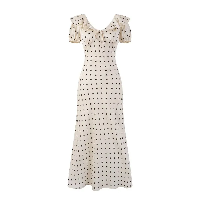 

New Sweet Polka Dot Elegant Puff Sleeve Maxi Dress French V Neck Retro Ruffle Hem Holiday Summer Beach Dress