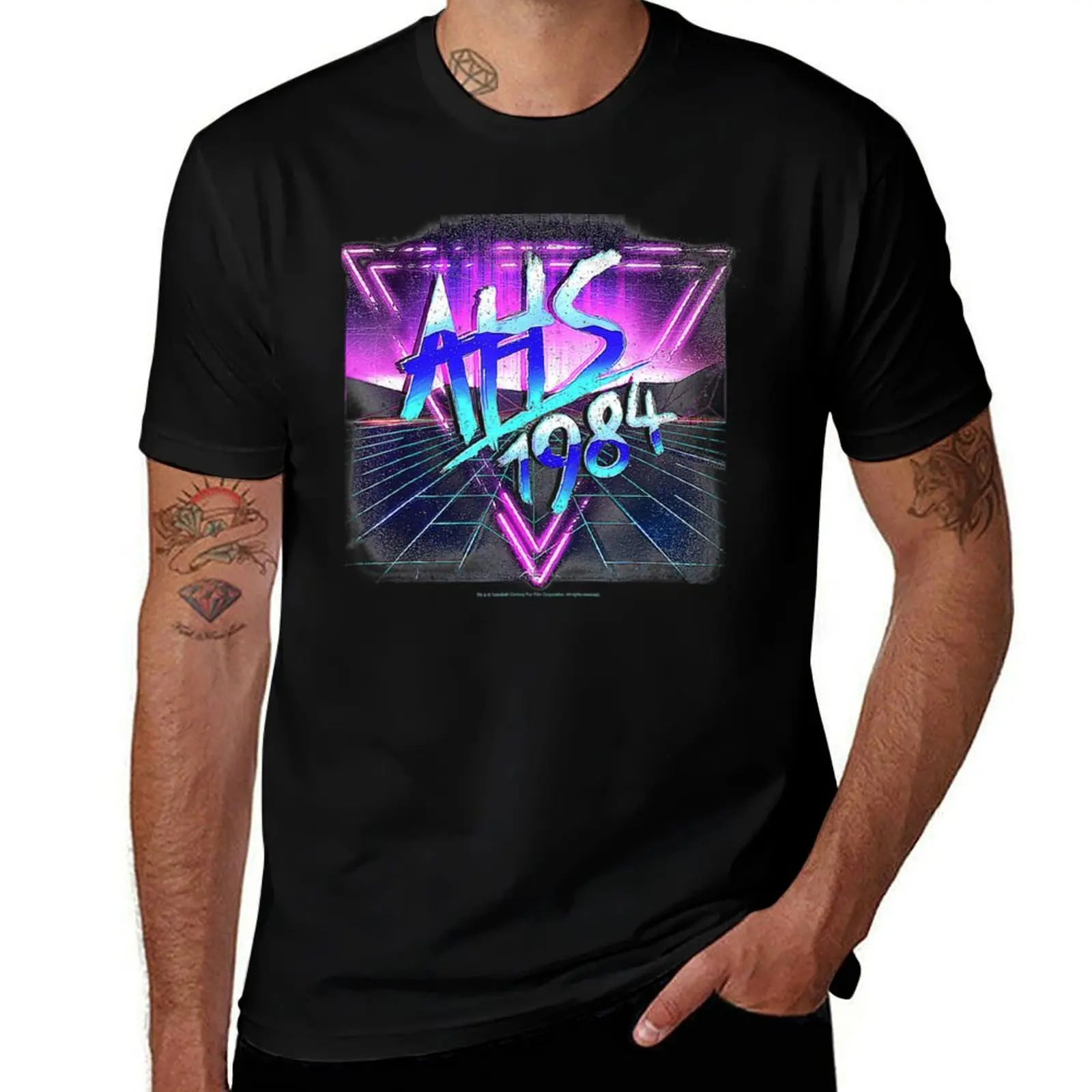 

American Horror Story 1984 Neon Grid Logo T-Shirt Novelty Print Casual Tee Shirt