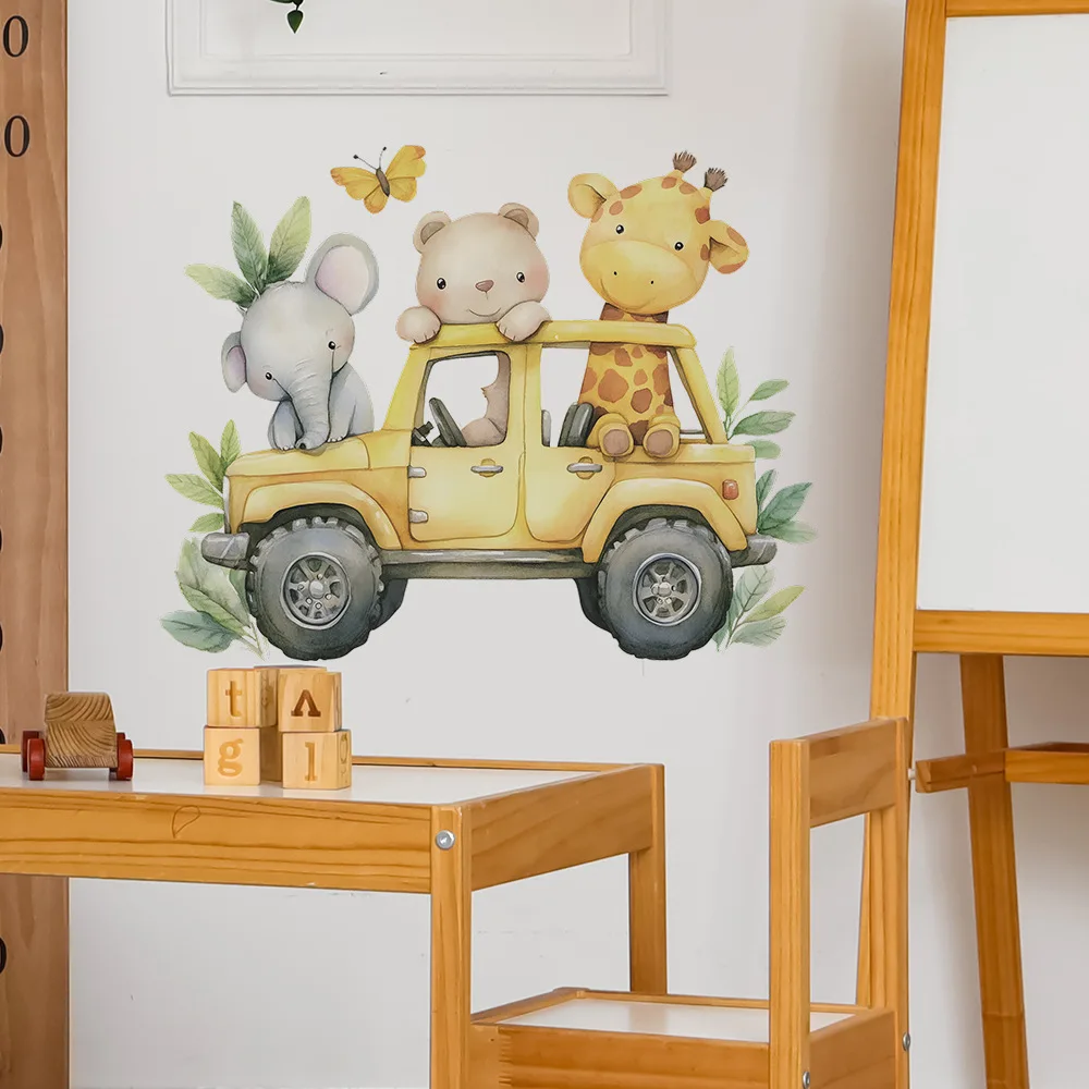 

Cartoon Car Elephant Giraffe Wall Sticker Kids Room Background Decoration Mural Baby Bedroom Nursery Decor Cute Animals Decals