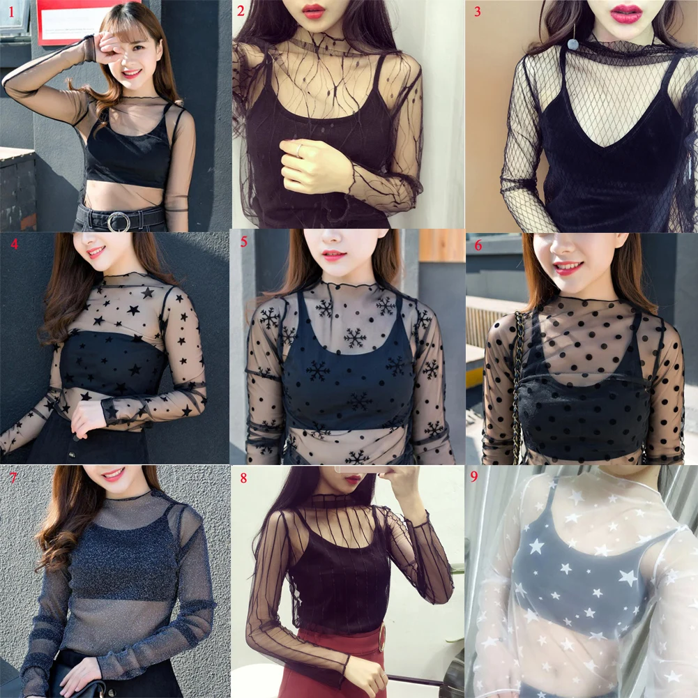 Sexy Black White Line Lace See-through T Shirt For Women Mesh Long Sleeve Tops Transparent High Neck Black Lace Bottoming Shirts