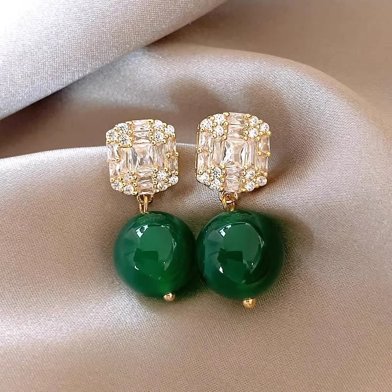 Neue Ankunft Elegante Grüne Chalcedon Quadrat CZ Zirkon 925 Silber Nadel Damen Quasten Stud Ohrringe Schmuck Für Frauen Geschenke