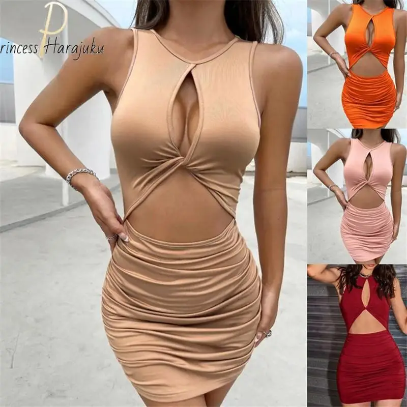 

Summer 2022 Backless Sexy Plus Size Dress Club Party Pajamas Twist Front Cut Out Slinky Mini Dress Elegant Korean Street Style