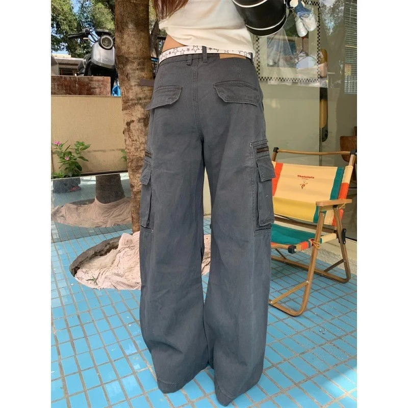 الرجعية ey العمل السراويل النسائية فضفاضة عادية واسعة الساق مستقيم قطع السراويل الطويلة خمر Sle منتصف الخصر Dstring إغلاق