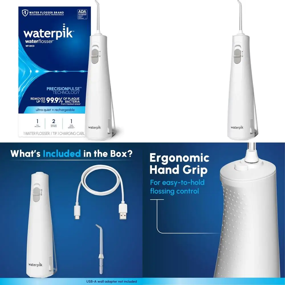 

Portable 1100mAh Rechargeable Water Flosser for Dental Hygiene, Travel, Braces, Gum Health, Shower-Safe, ADA-Approved, White