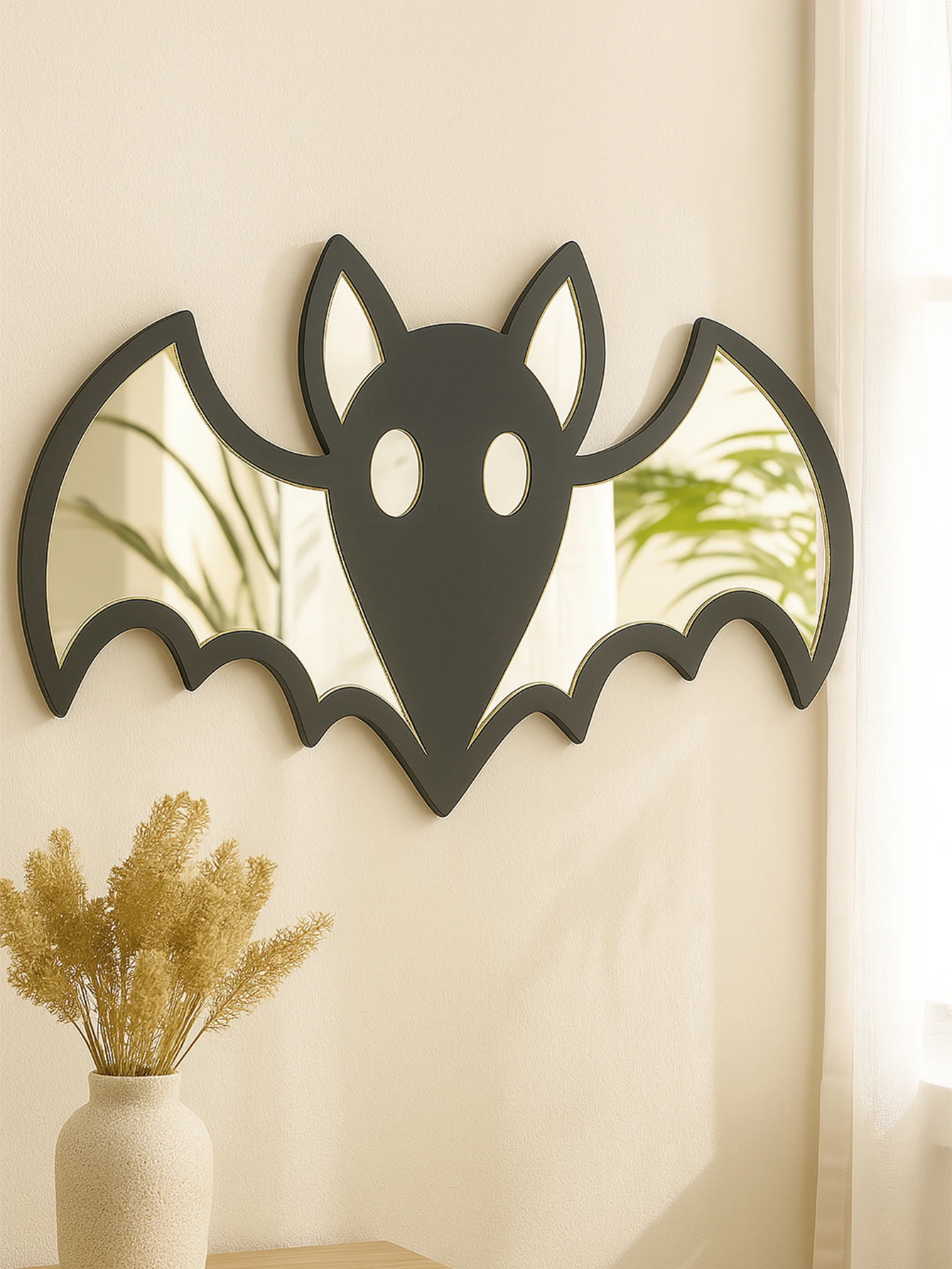 Acryl-Wandspiegel in Halloween-Fledermausform, Wandbehang aus Holz mit schwarzem Rahmen für Wohnzimmer und Schlafzimmer, gruselige ästhetische Wanddekoration