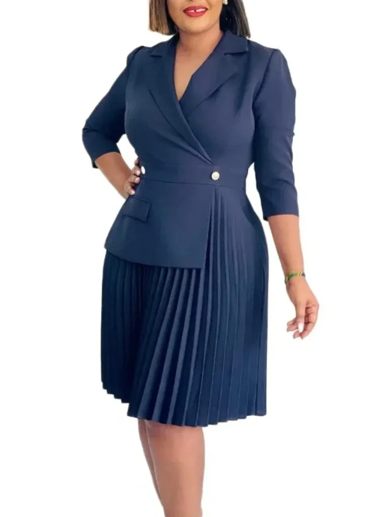 

New Elegant Dresses for Women Blazer Turn Down Collar Pleated Modest Church Office Ladies Work Wear Female African Slim Autumn