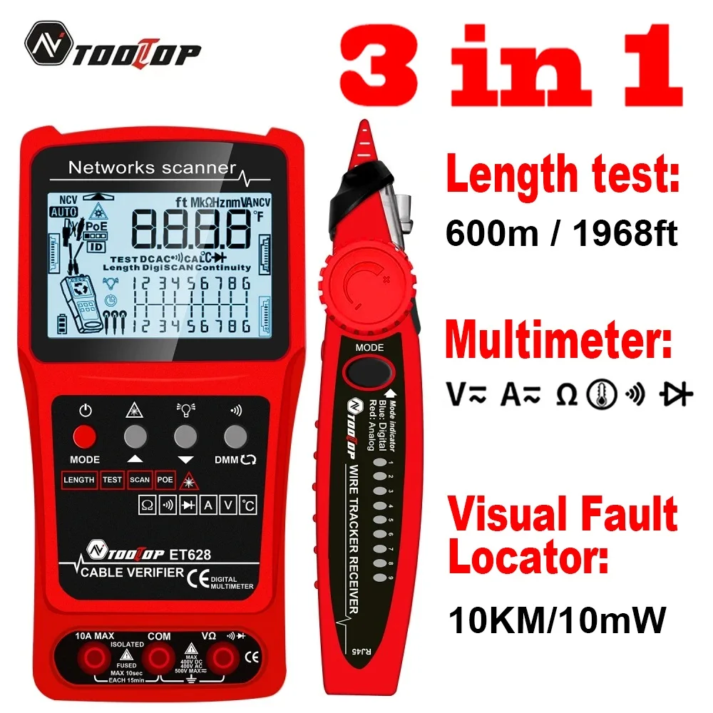 TOOLTOP Network Cable Tester 10KM Visual Fault Locator Multimeter 3 in 1 LAN  Length Measure Anti-noise Line Tracker POE Test