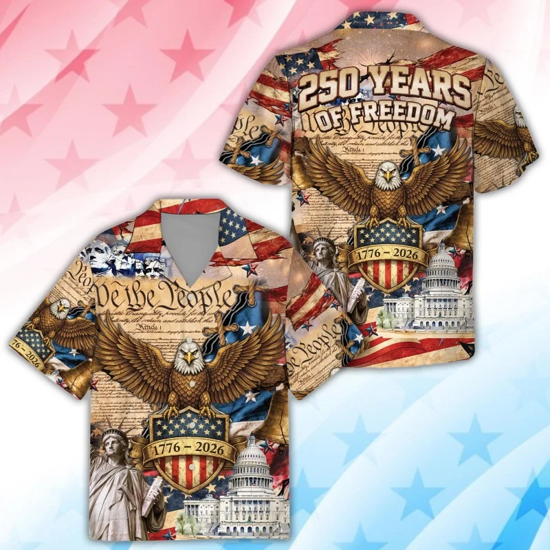 USA 250 Year Of Freedom Vintage Hawaiian Shirt For Men 3D Printed Patriotic Eagle Flag Summer Button Blouses Lapel Aloha Shirts
