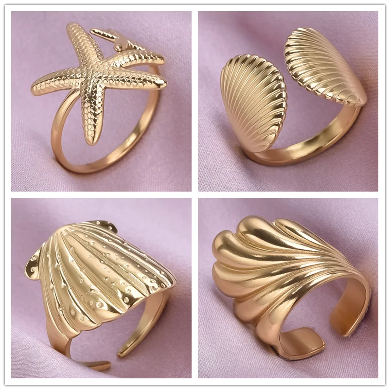 

8pcs 2024 Trendy Versatile Ocean Series Starfish Ring Stainless Steel Gold Colour Men Women Shell Ring Jewelry Birthday Gift