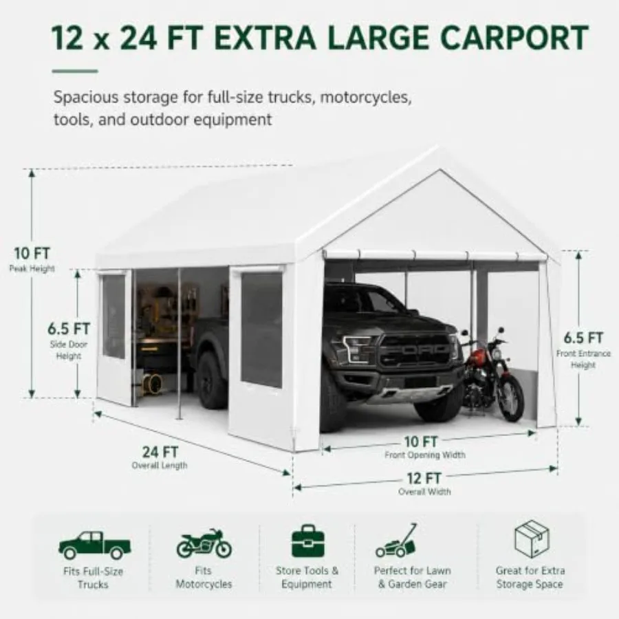 Feet Heavy Duty Carport, Portable Garage Canopy with Removable Sidewalls and Double-Zipper Doors, Enclosed Outdoor Car Tent She