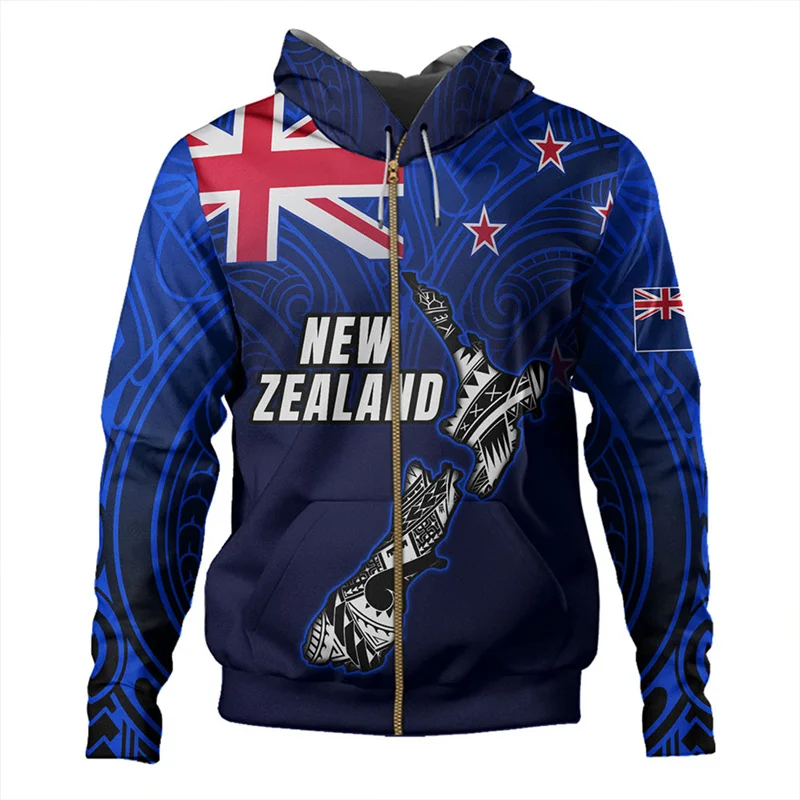 New Zealand Aotearoa Flag Emblem 3d Print Hoodies For Men Clothes Anzac Day Maori Zipper Hoodie Sweatshirts Street Zip-up Coat