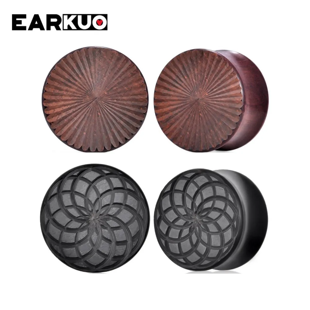 EARKUO Ear Plugs Tunnels Gauges Expanders Stretchers Wood Heart Shell Flower Jewelry Piercing 2PCS