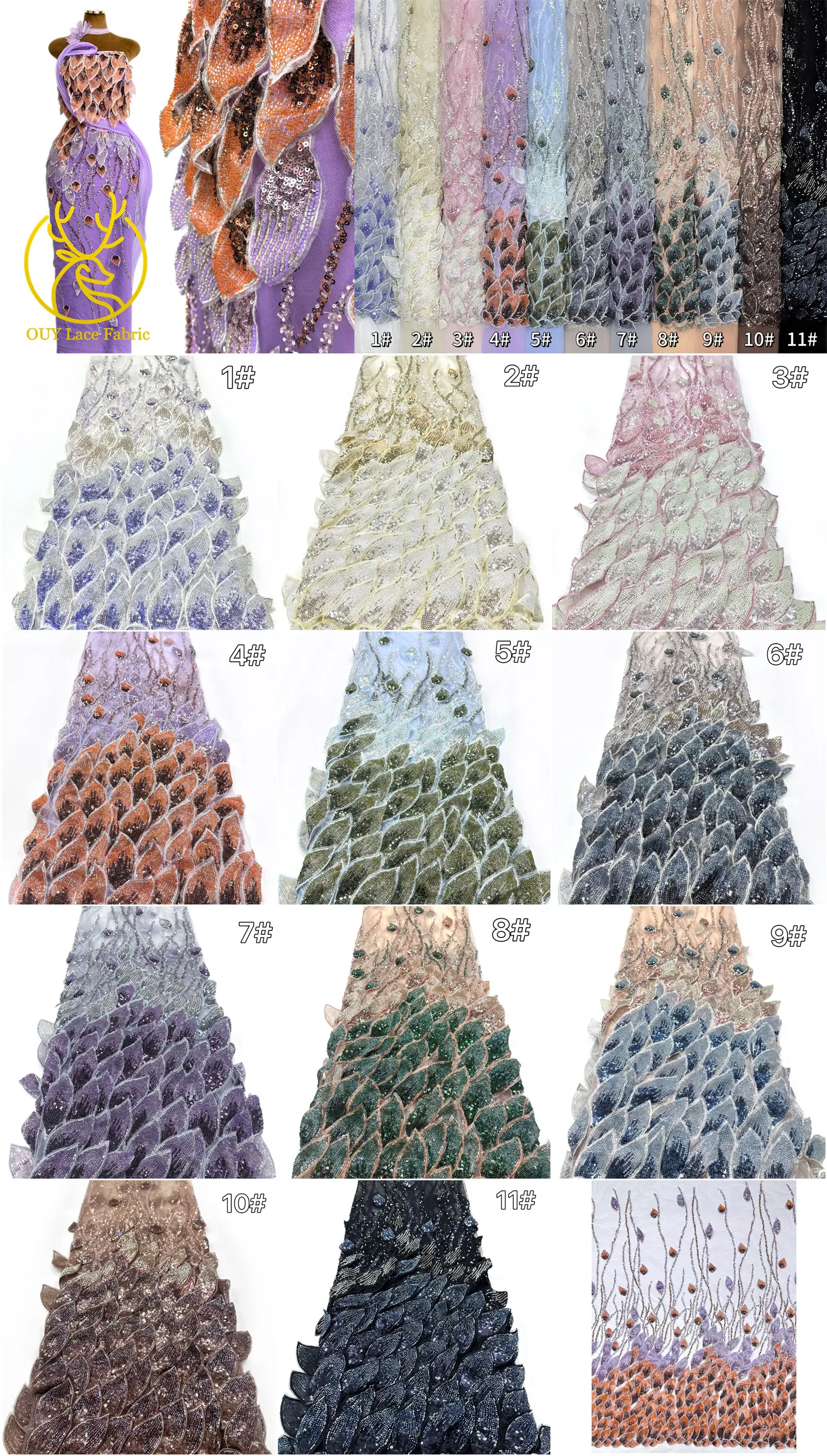Hochwertige Maßgefertigte 3D Handgemachte Stickerei Perlenbesetzter Blatt-Spitzenstoff Hochwertige Nigerianische Perlen-Pailletten-Spitze für Brautkleider – Detail 3