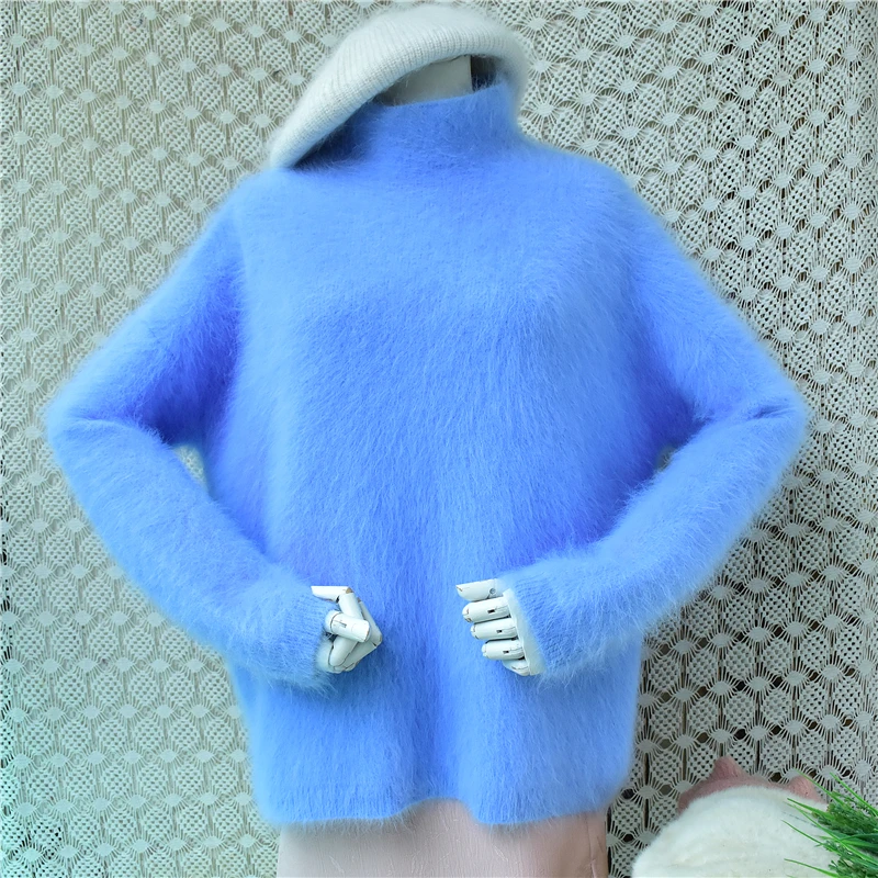 Ladies Women Fashion Blue Angora Rabbit Hair Fall Winter Mock Neck Long Sleeves Loose Pullover Sweater Jumper Mink Fur Jumper
