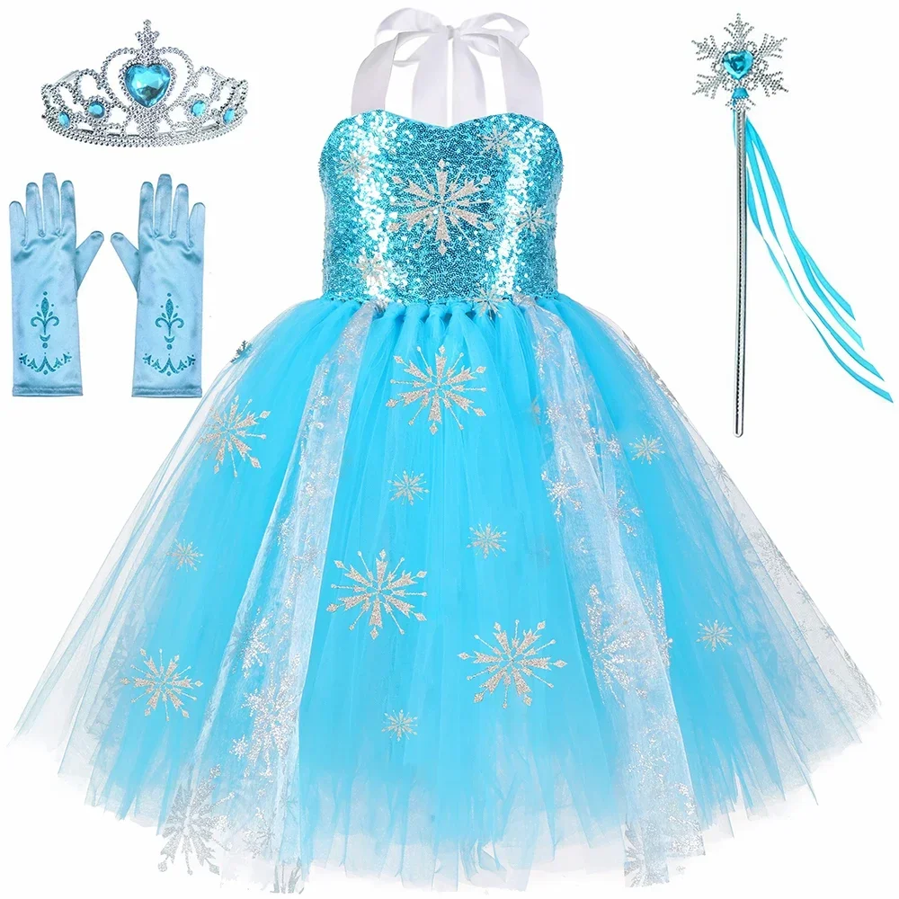 Sequins Elsa Costume for Girls Sky Blue Snow Queen Tutu Dress Snowflake Kids Halloween Birthday Carnival Party Princess Costume