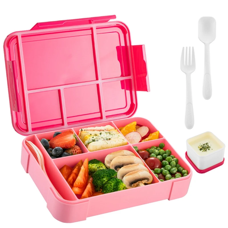 Bento Lunch Box Kids, Bento Box Lunch Box Adults With 5 Compartments And 1 Salad Dressing Containers, Snack Box Rose Red Durable