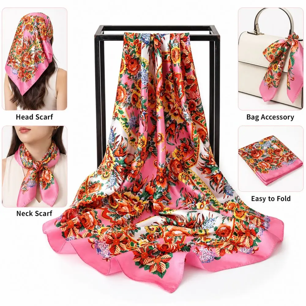 90x90cm Silk Imitation Scarves Thin Breathable Floral Print Square Print Scarves Multi-Function Smooth Silky Feel