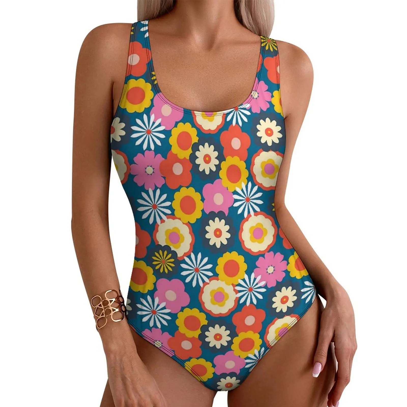 

Ретро Flower Power Купальник Ромашки Принт Push Up Купальники Цельный Праздничный Бассейн Купальники Боди Сексуальный Дизайн Пляжная Одежда