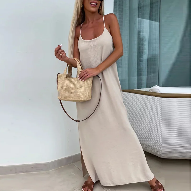 

Summer Casual U-Neck Solid Long Dress Women Elegant Strap Split Vocation Dress 2024 Female Cross Backless Bohemian Beach Dress