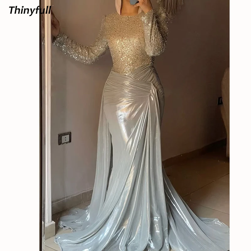 

Thinyfull Mermaid Beading Long Prom Dress Full Sleeves O-neck Evening Dresses Dubai 2025 Gown Robe De Soirée Customized