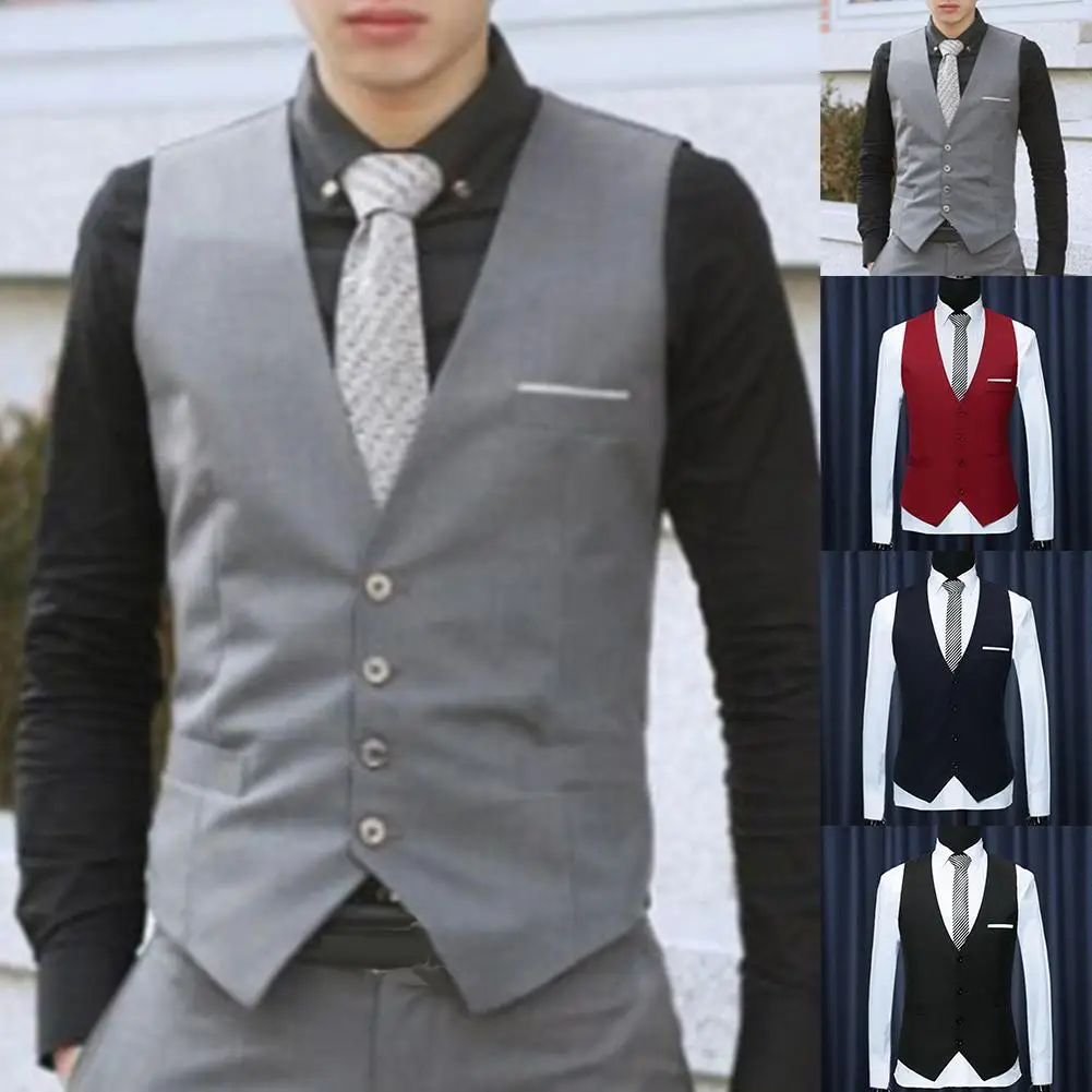 

4 Colors Men's Business Casual Slim Vests Fashion Men Solid Color Single Buttons Vests Fit Male Suit For Men Spring Autumn S-6XL