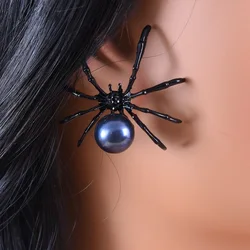 Halloween Hyperbole Dark Vintage Punk Earrings For Women Simple Personality Black Spider Alloy Pearl Jewelry Puncture Ear Studs