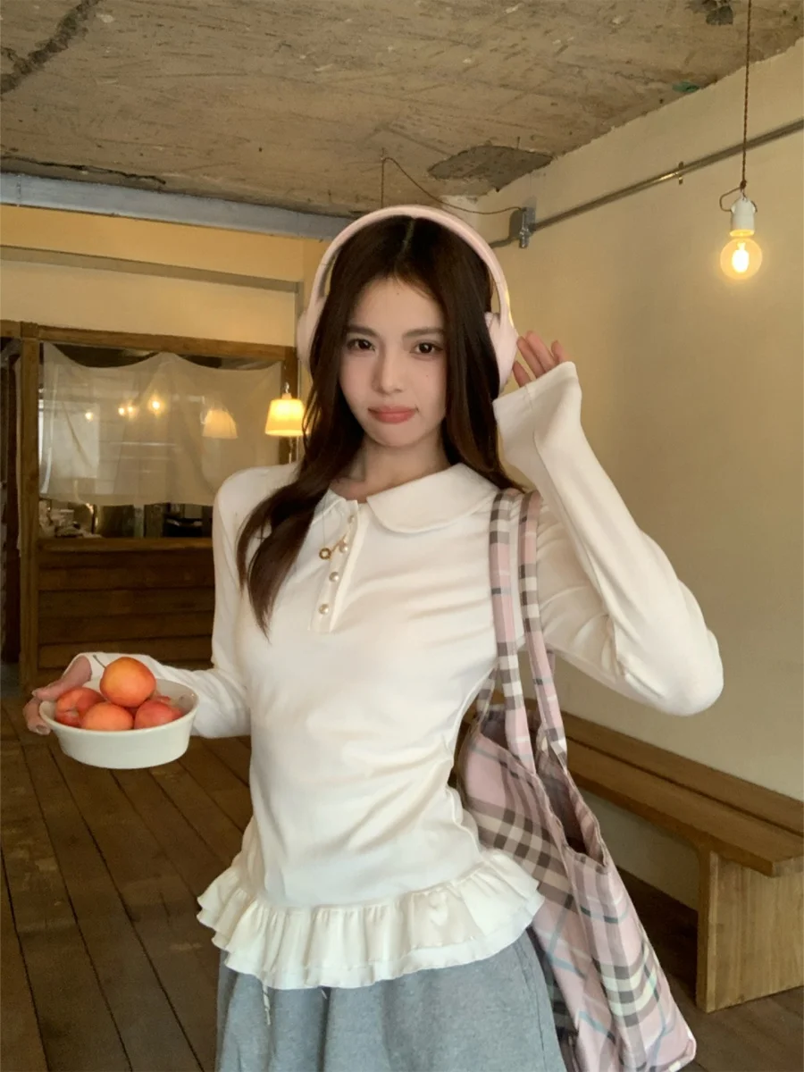 

White Doll Collar Long Sve T-irt Women's Slim Fit Inner Wear Base irt Korean Sle Color Winter New Arrival