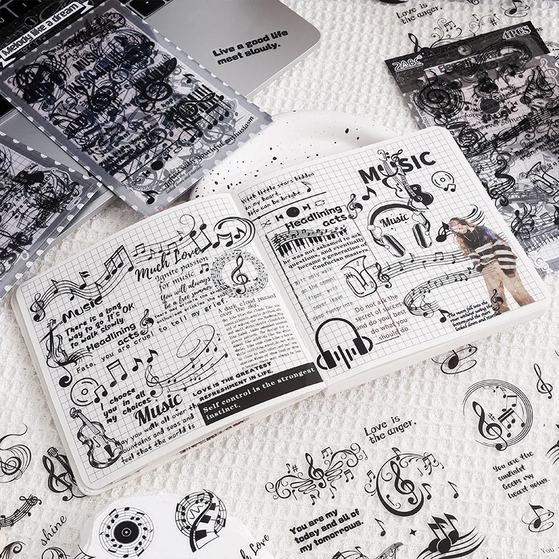 ملصقات مزخرفة مع ملاحظة موسيقية لسكرابوكينغ ، مجموعة من 4 أوراق ، ملصقات سوداء للحيوانات الأليفة ، الأفضل للمذكرات #4