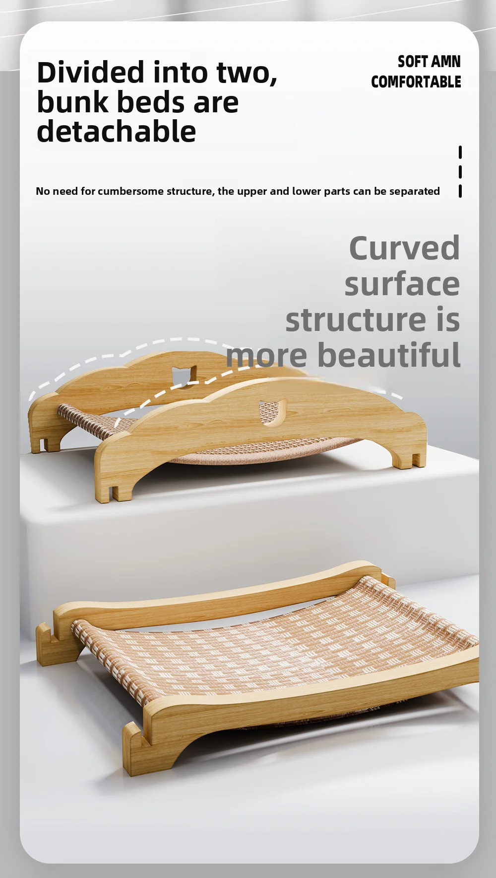 Double Layer Cat Bed Mortise Tenon Detachable Easy Assembly Wear-Resistant Elevated Cat Nest Wooden Furniture Breathable Cushion view 4