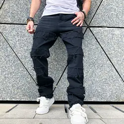 Pantalón de trabajo exterior para hombre con color sólido, diseño rasgado y desgastado, pierna recta y holgada, negro, para uso diario, inspirado en el estilo Y2K