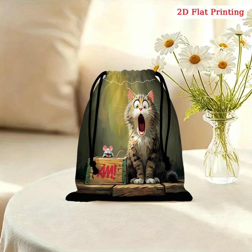 1Pc Cartoon Cat And Mouse Print Drawstring Bag Green Storage Small Pouch For Travel Cosmetics Organization Unisex Portable Light