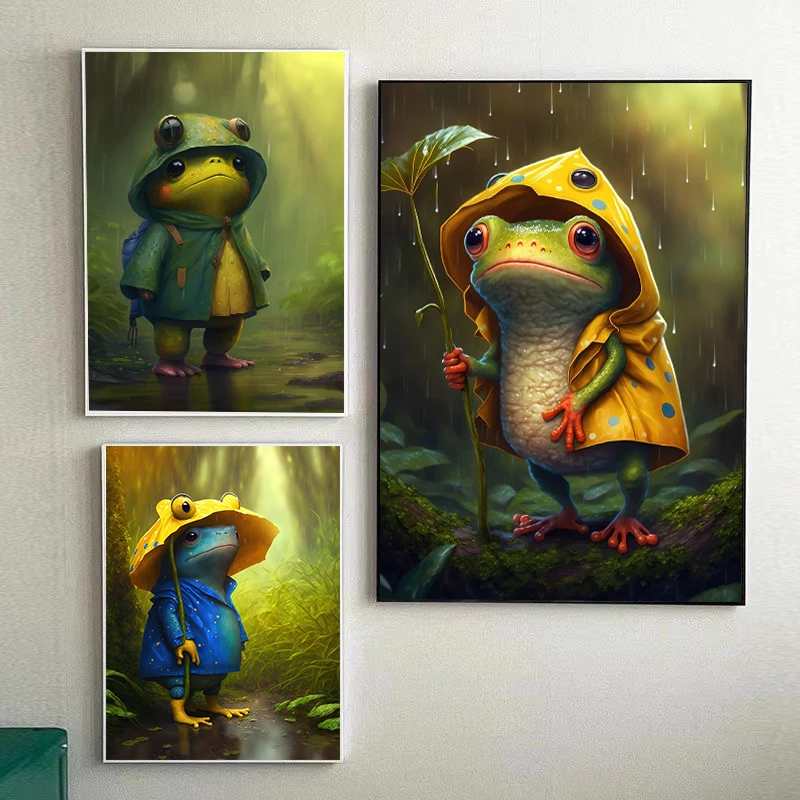 Be Happy Frog Rain Poster Cute Animal Frog In Raincoat Umbrella Prints Canvas Painting Wall Art Pictures Home Kids Room Decor