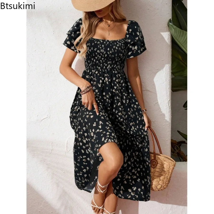 Nouveau 2025 femmes printemps été tenue décontractée à manches courtes taille élastique noir imprimé fleuri plissé dos nu tenue décontractée femme