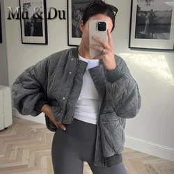 Mu&Du 2023 Autumn Winter Women Distress Oversized Bomber Jacket Warm Cotton Coat Female Casual Rhombic Lattice Parka Outwear New